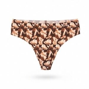 Calvin Klein Womens Thong Underwear All Over Logo Print Tan Brown, Size XS, NWT